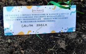 Etykieta z projektu  z nazwą grupy i datą posadzenia.