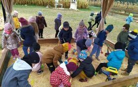 Dzieci w piaskownicy z kukurydzą.