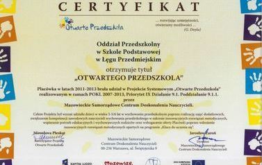 Certyfikat Otwartego Przedszkola