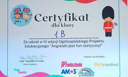 Zdjęcie do Klasa 1B i sukces w Og&oacute;lnopolskim Projekcie Edukacyjnym "Angielski jest fun-tastyczny"