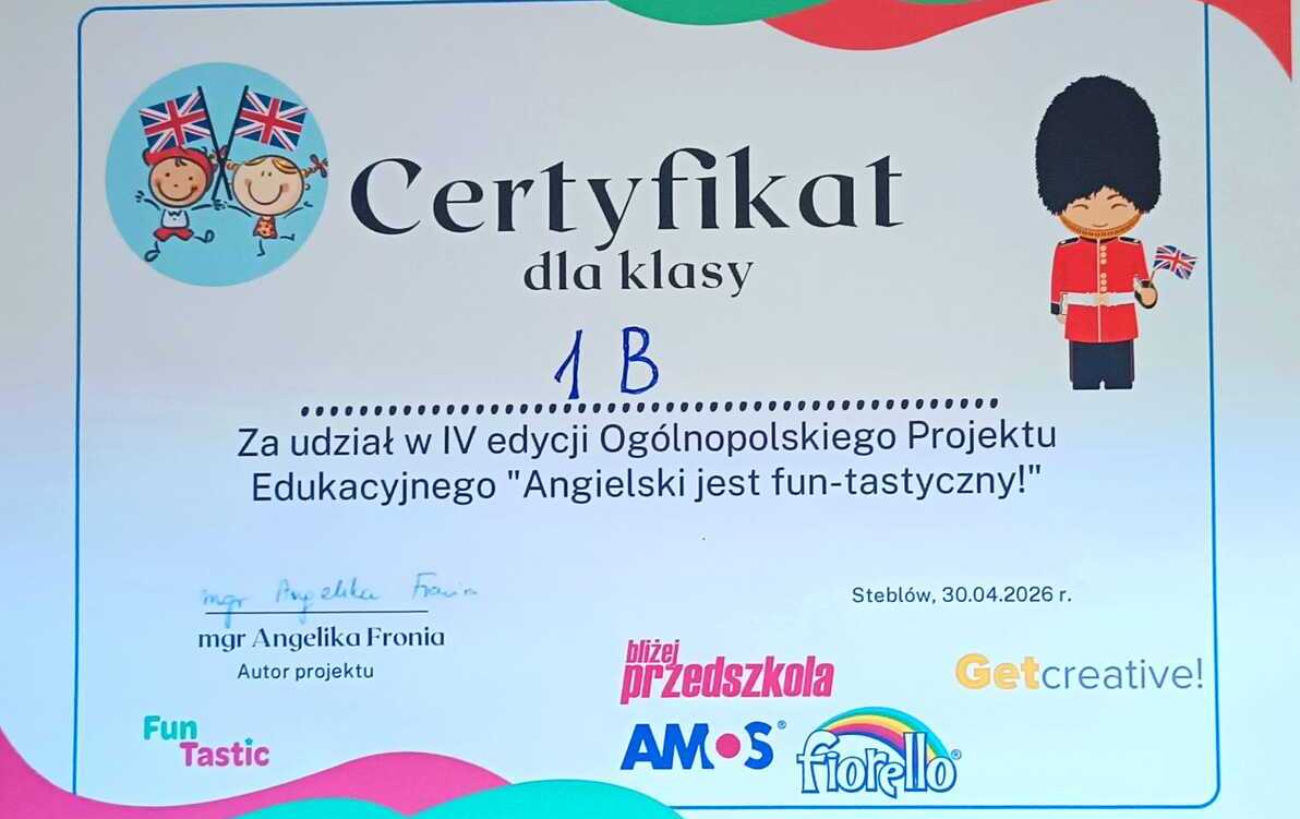 Zdjęcie do Klasa 1B i sukces w Og&oacute;lnopolskim Projekcie Edukacyjnym "Angielski jest fun-tastyczny"