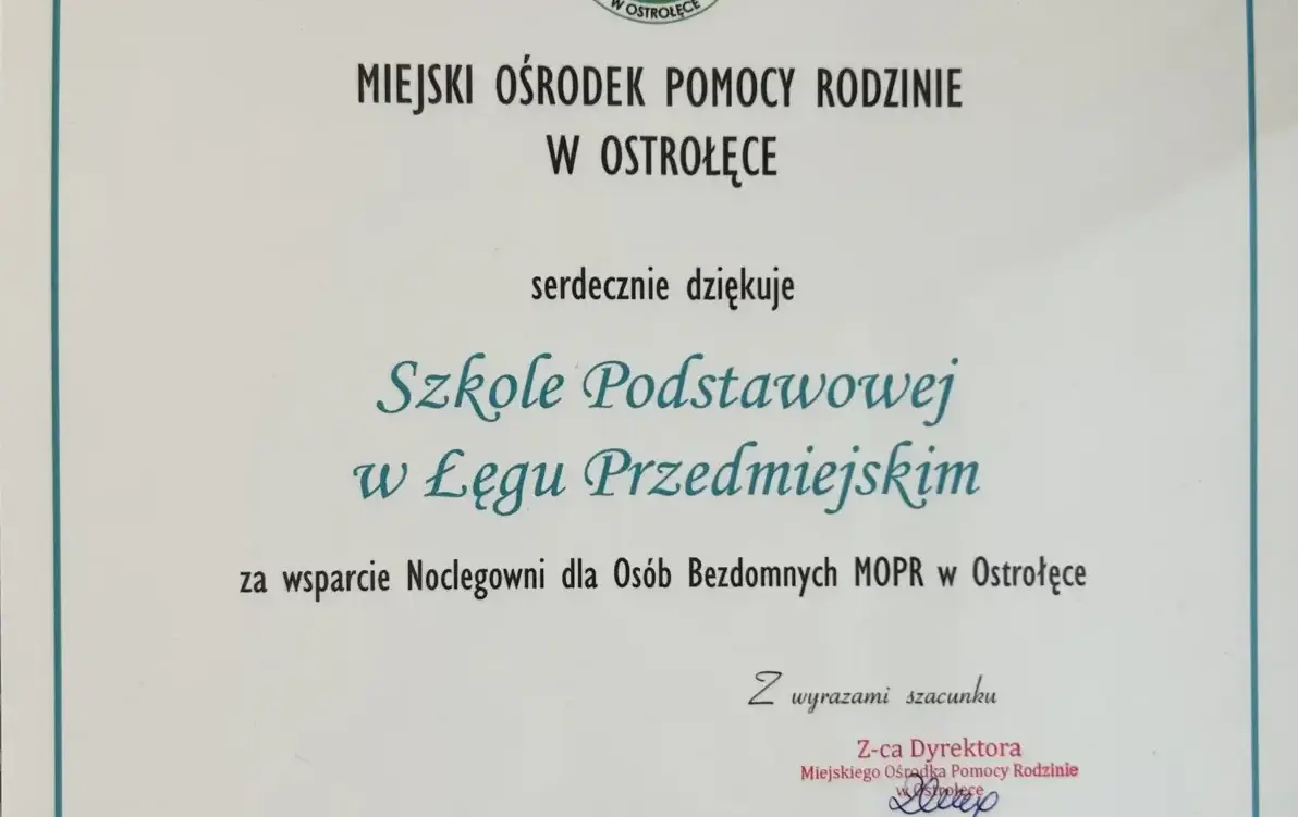 Zdjęcie do Podziękowanie za wsparcie dla Noclegowni dla Os&oacute;b Bezdomnych MOPR w Ostrołęce