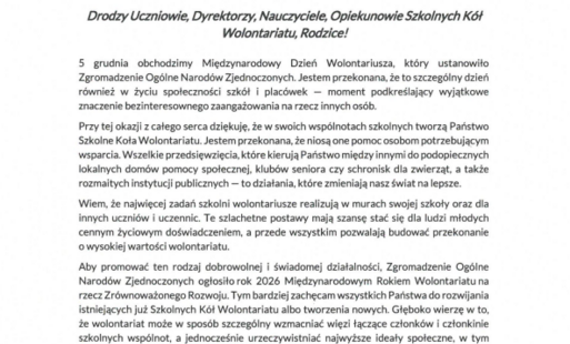 Zdjęcie do List Pani Pauliny Piechny-Więckiewicz z okazji Międzynarodowego Dnia Wolontariusza
